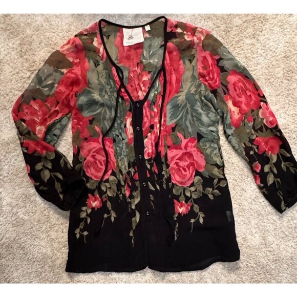Anthropologie One Fine Day Sheer Floral Blouse Sz XS Button Front Romantic Boho - Picture 1 of 16